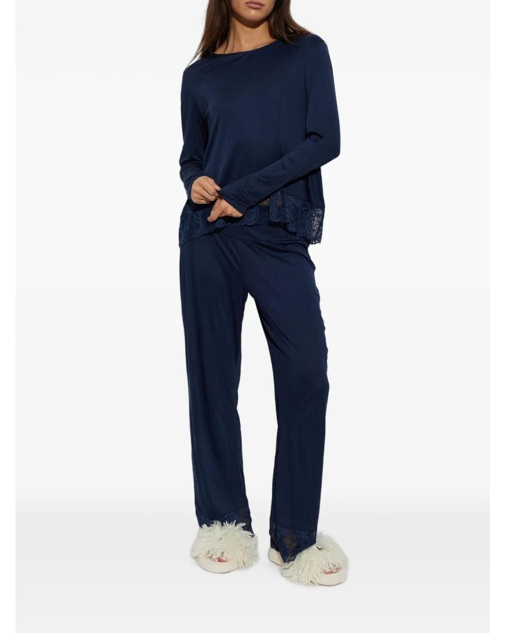 Hanro Blue Azelia Lace-Trim Pajamas