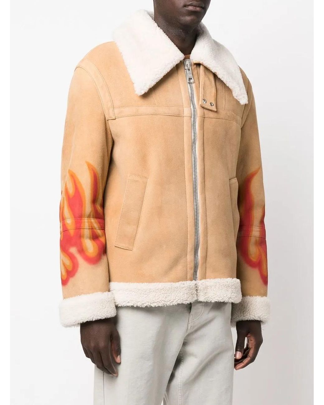Palm Angels Orange Flames Sherpa Trucker Jacket for men