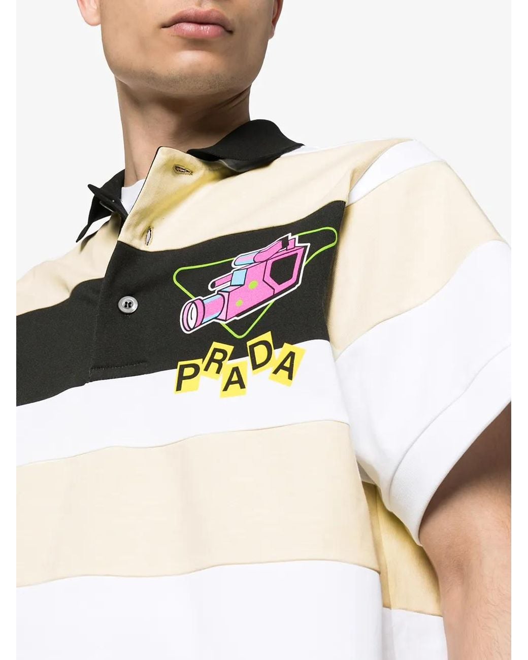 Prada White Striped Camera Logo Polo Shirt for men