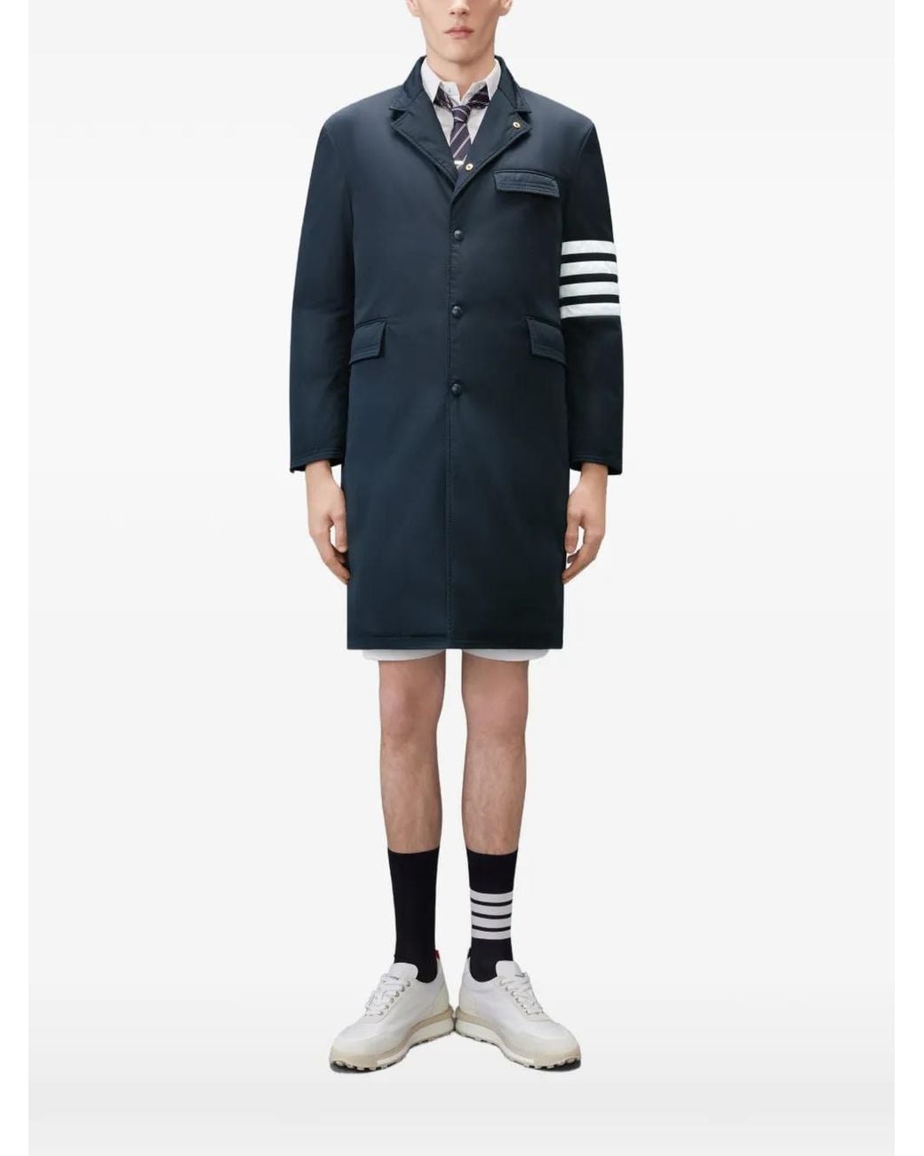 Thom Browne Blue Poly-Tech Down Filled 4-Bar Overcoat for men