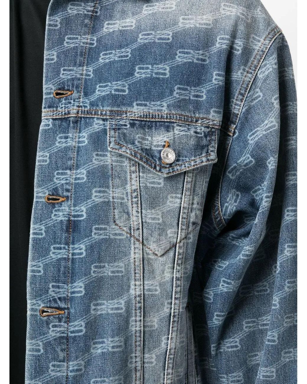Balenciaga Blue Logo-Print Washed Denim Jacket