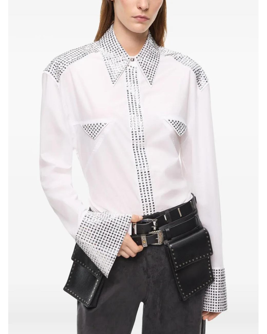 Pinko White Chemise À Détails De Clous Et Liens À Noeur À La Taille