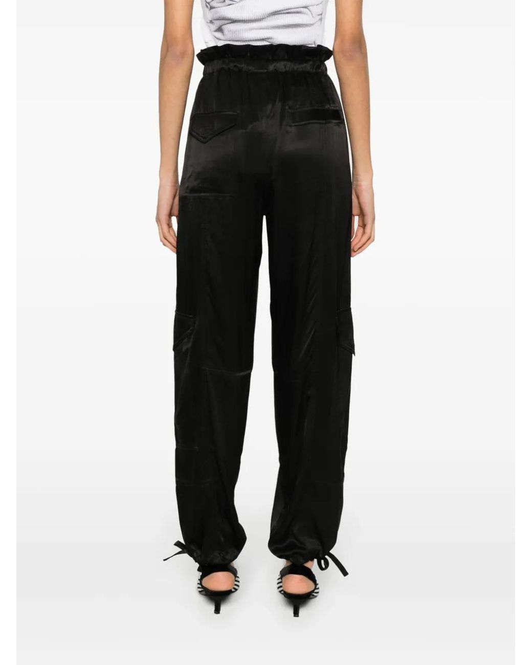 Ganni Black Satin Cargo Trousers