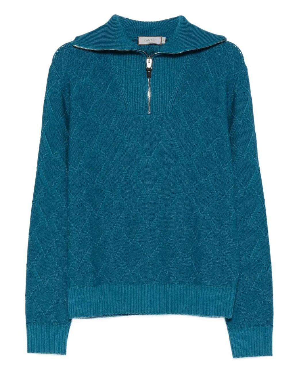 Canali Blue Diamond-Pattern Zip-Neck Sweater for men