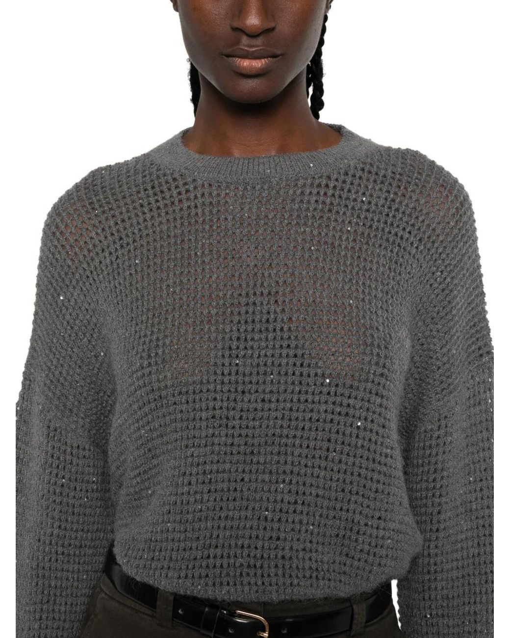 Peserico Gray Sequin-Embellished Open-Knit Sweater