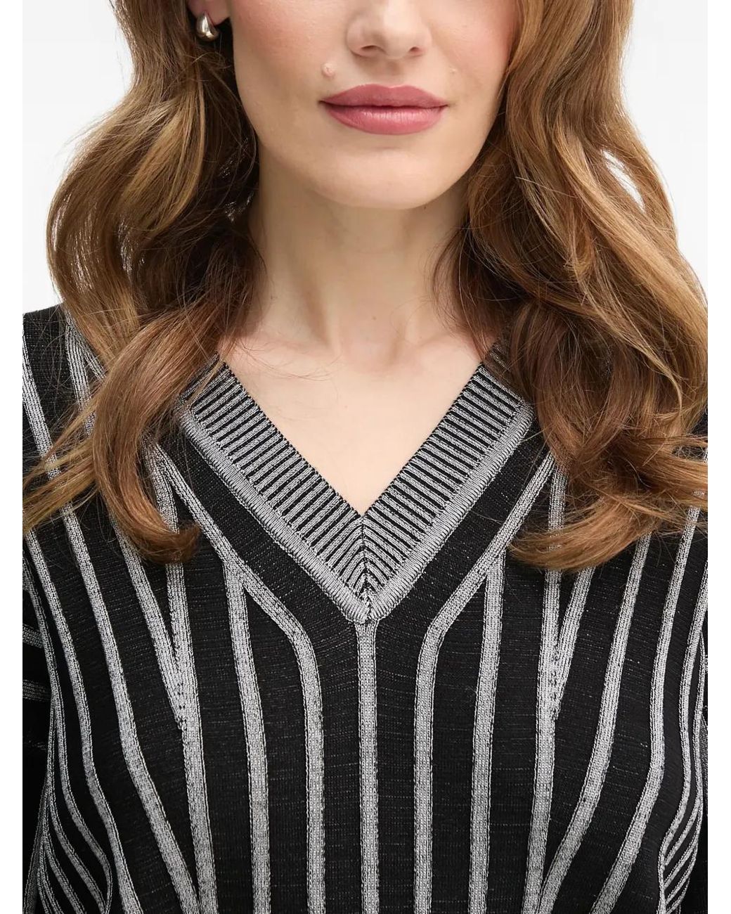 DKNY Black Striped V-Neck Sweater