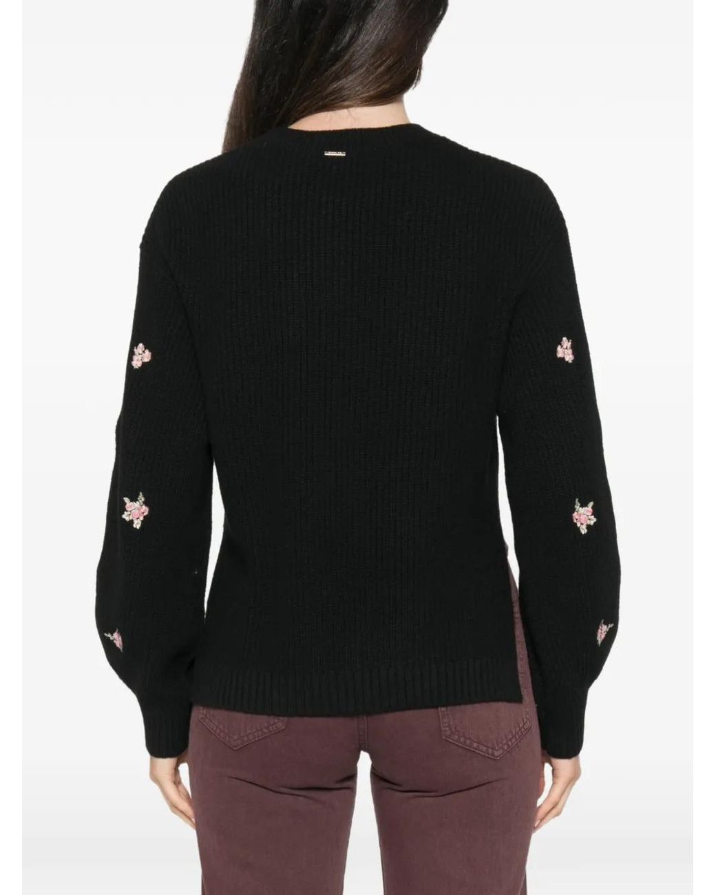 Twinset Black Floral-Embroidered Ribbed-Knit Sweater