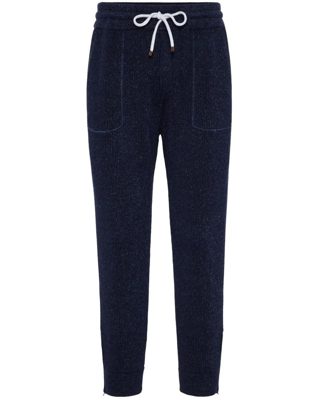 Brunello Cucinelli Blue Ribbed-knit Cotton-blend Track Pants for men