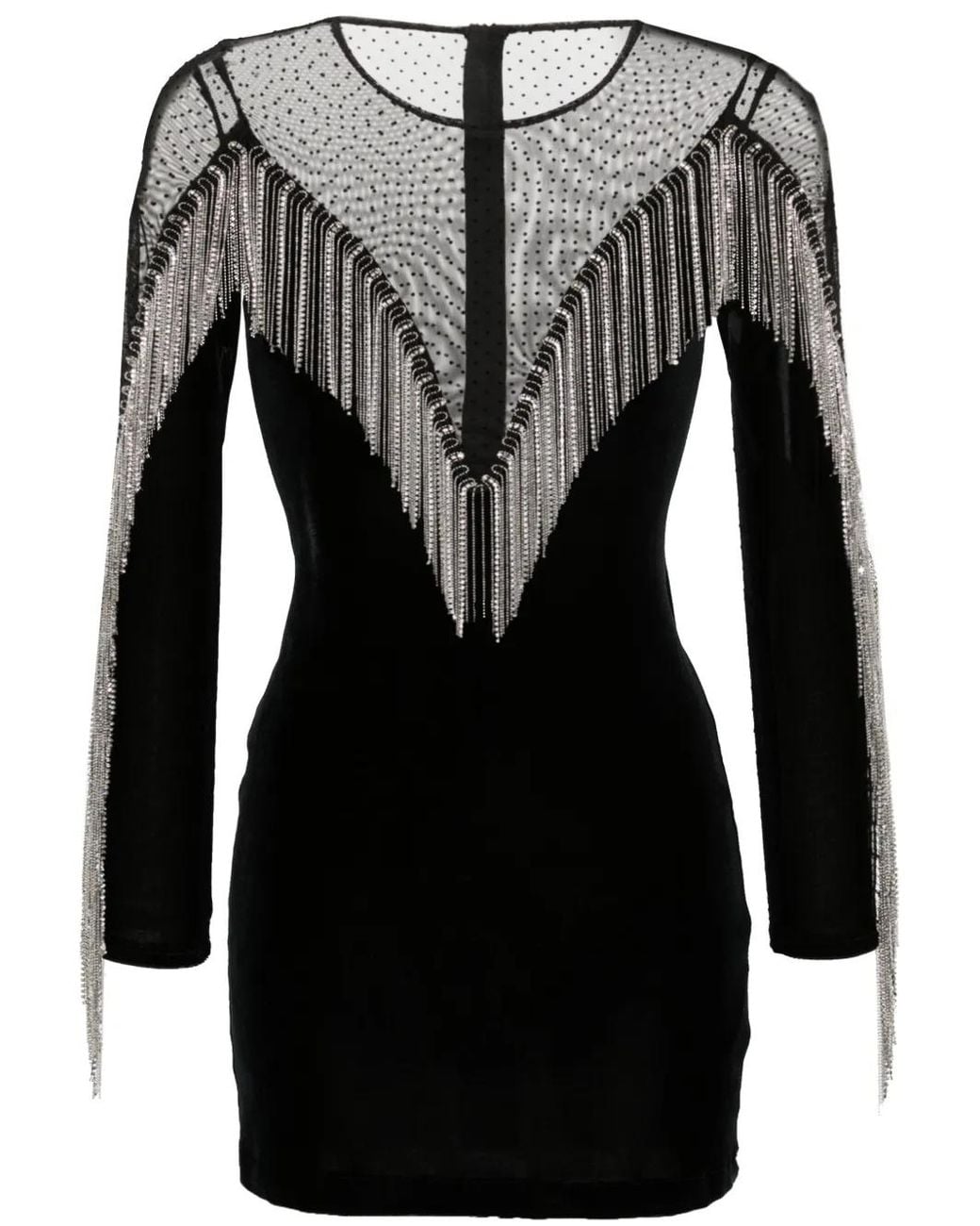 Nissa Black Fringe-Detail Velvet Mini Dress