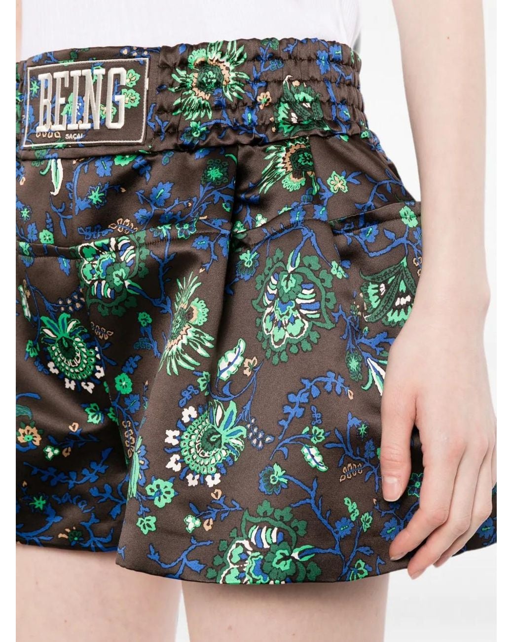 Sacai Green Floral-Print Satin-Finish Shorts