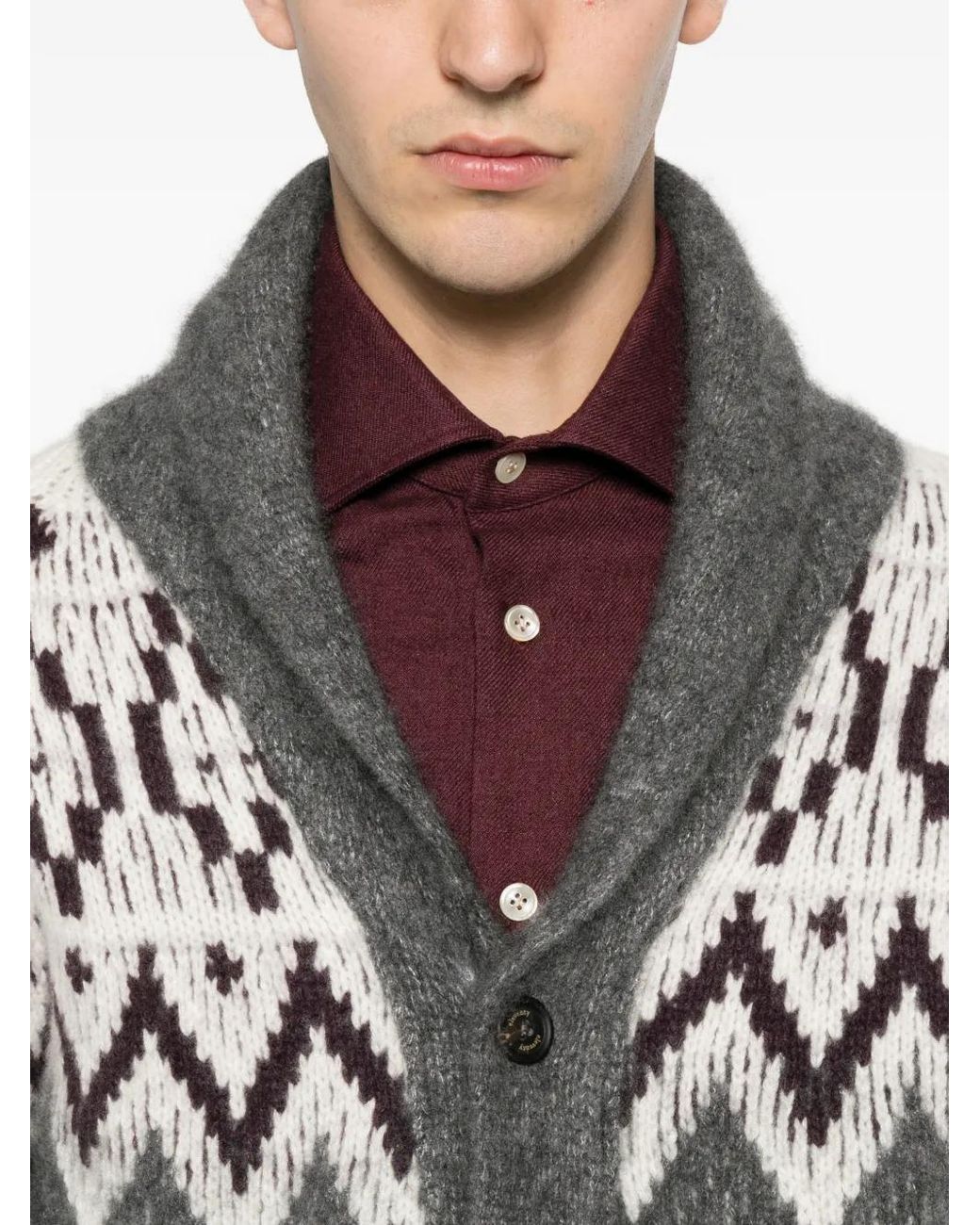 Eleventy Gray Fair Isle Shawl-Collar Cardigan for men
