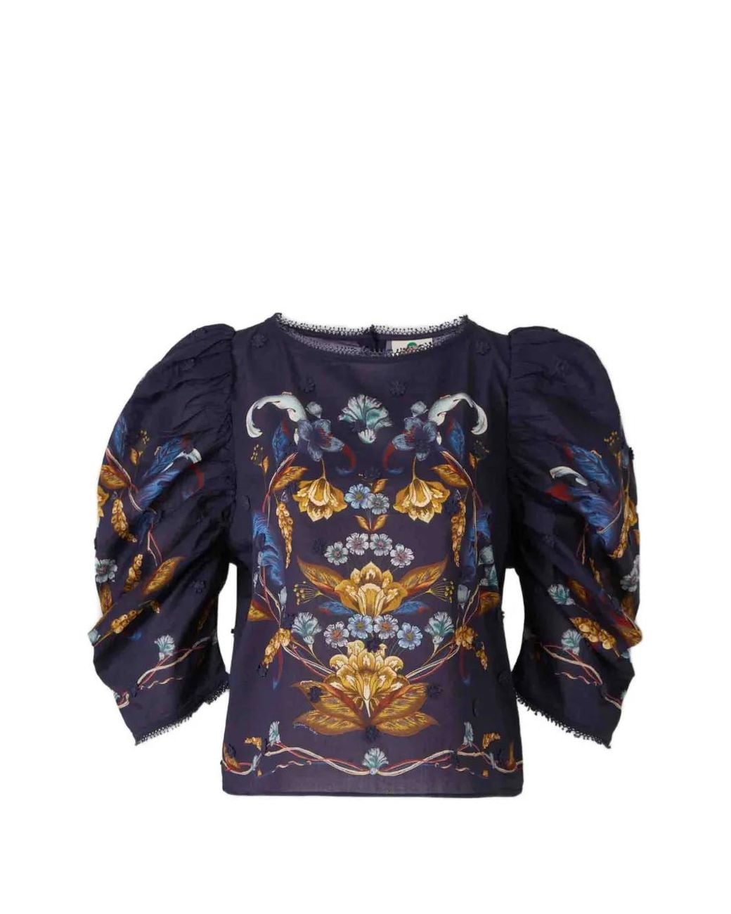 Farm Rio Blue Golden Nature Floral-Print Puff-Sleeve Top