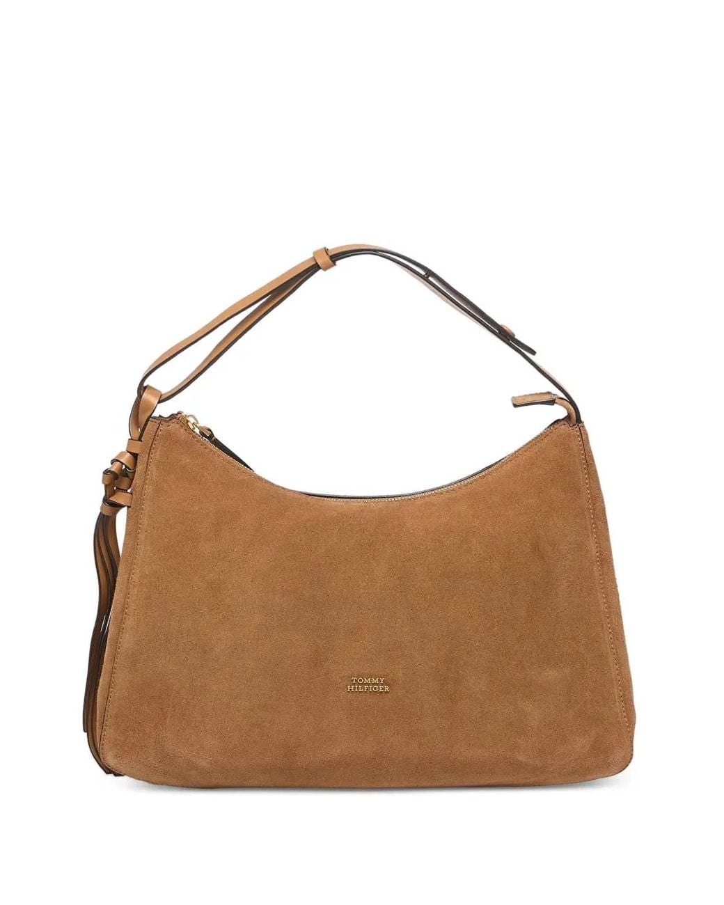 Tommy Hilfiger Brown Metal Logo Suede Shoulder Bag