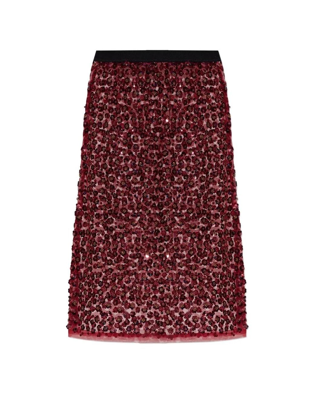 Munthe Red Sequin-Embellished Gingham Midi Skirt