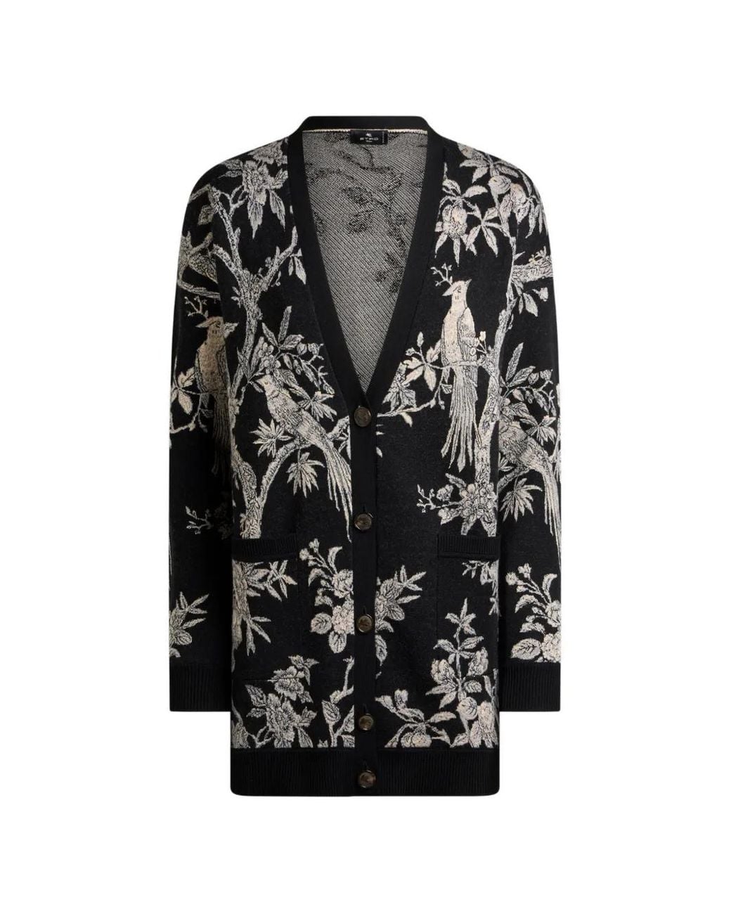 Etro Black Wool-Blend Jacquard Cardigan With Nature Motif
