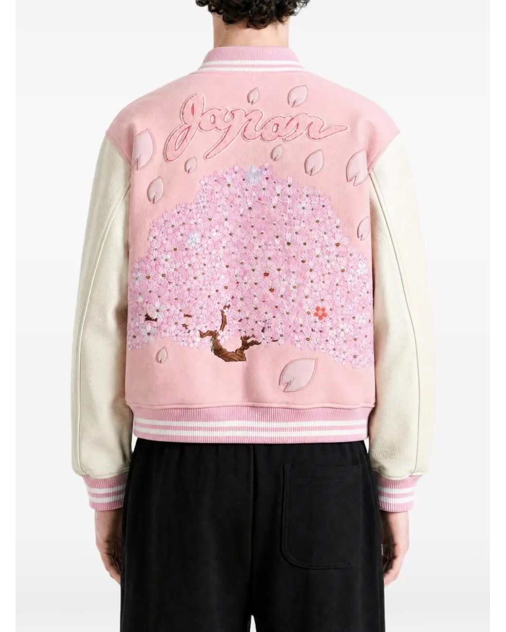 Monokemade Pink Sakura-Embroidered Bomber Jacket