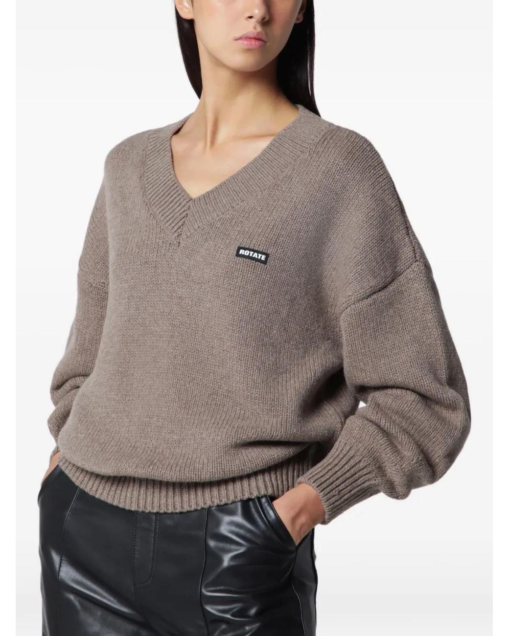 ROTATE BIRGER CHRISTENSEN Gray Logo-Patch V-Neck Sweater