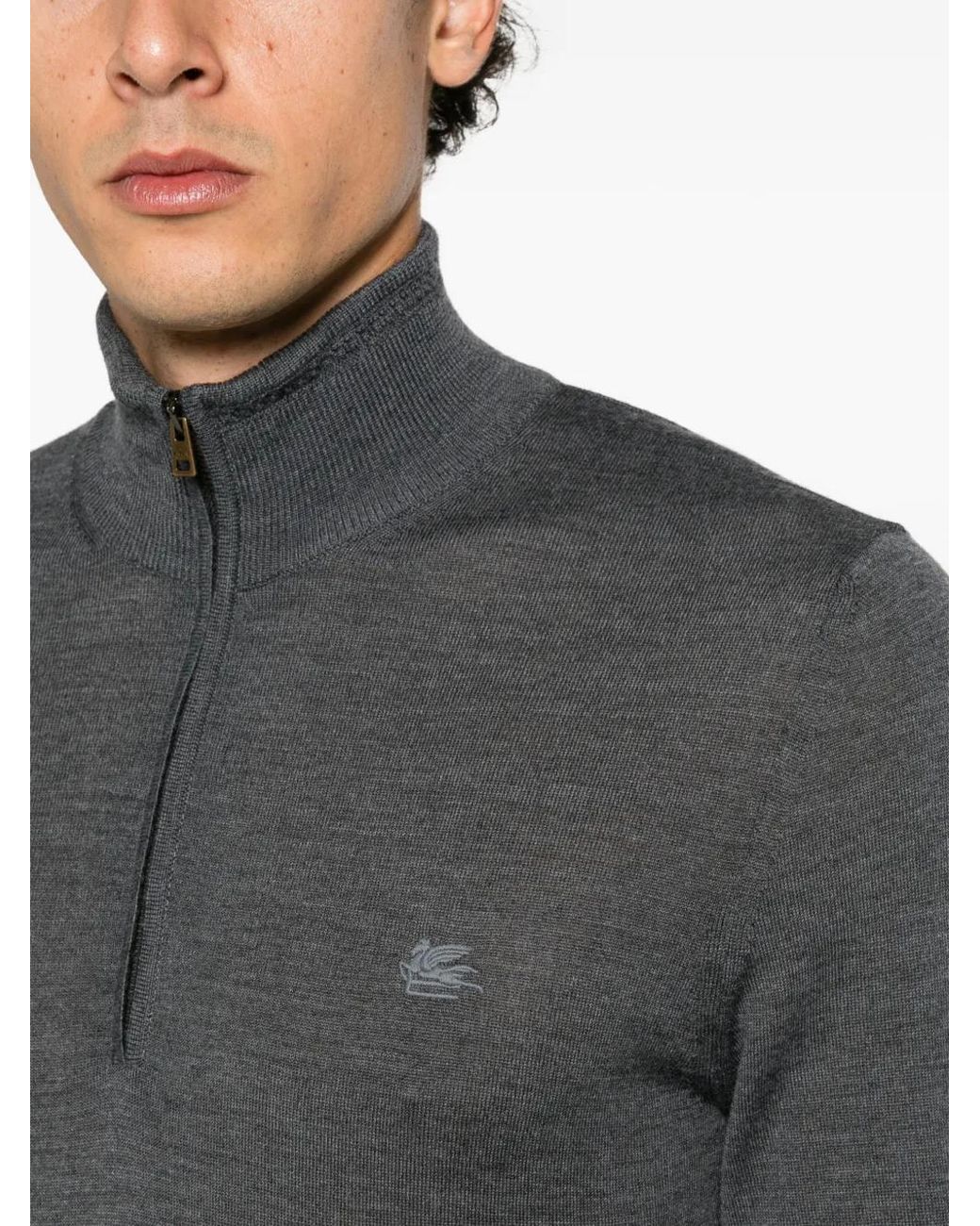 Etro Gray Half-Zip Pegasus-Embroidered Sweater for men