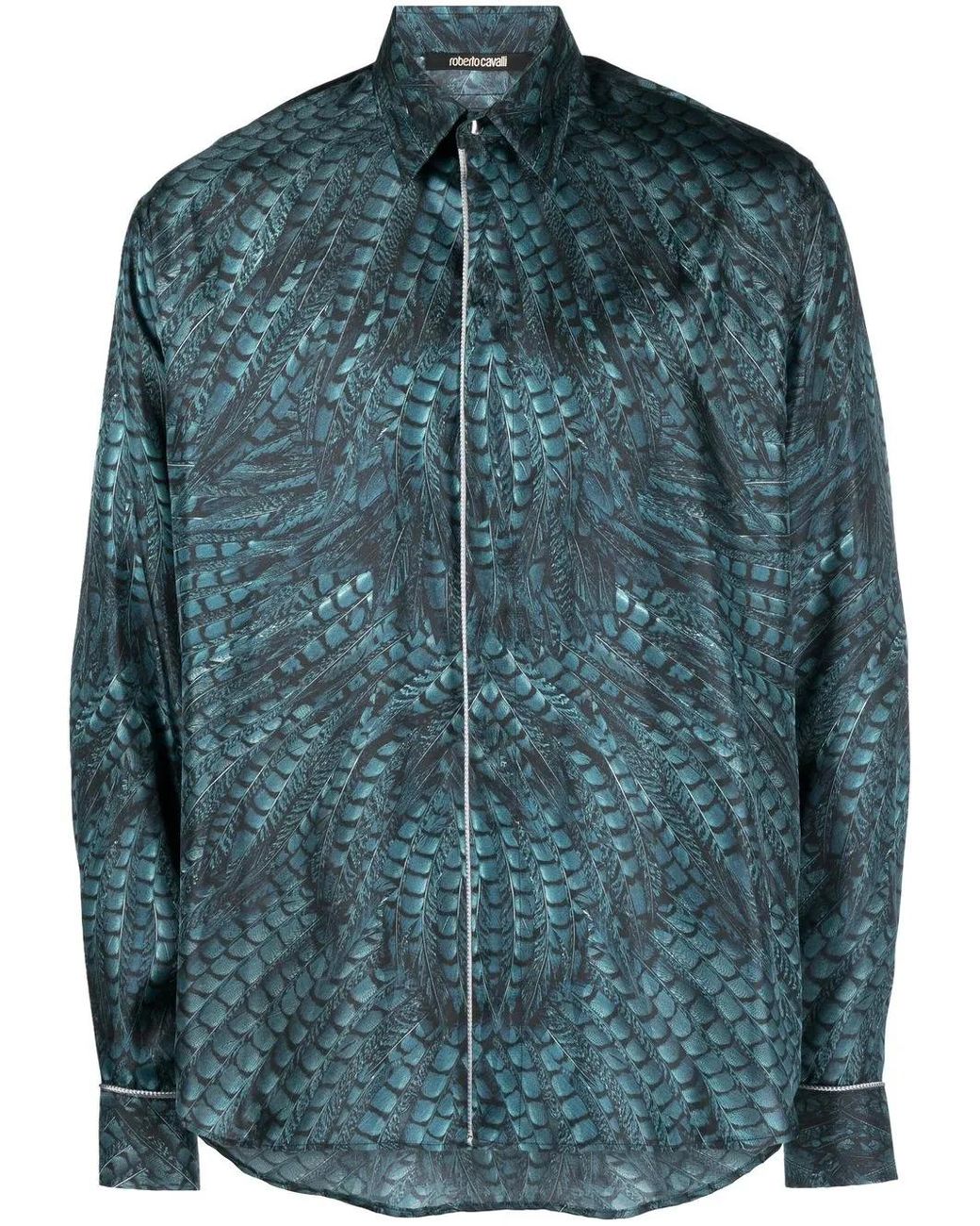 Roberto Cavalli Blue Falcon Print Silk Shirt for men