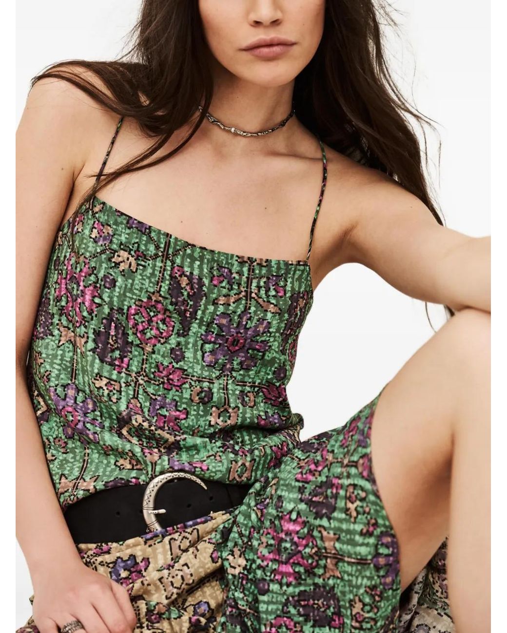 Ba&sh Green Pamela Geometric-Print Crossover-Strap Top