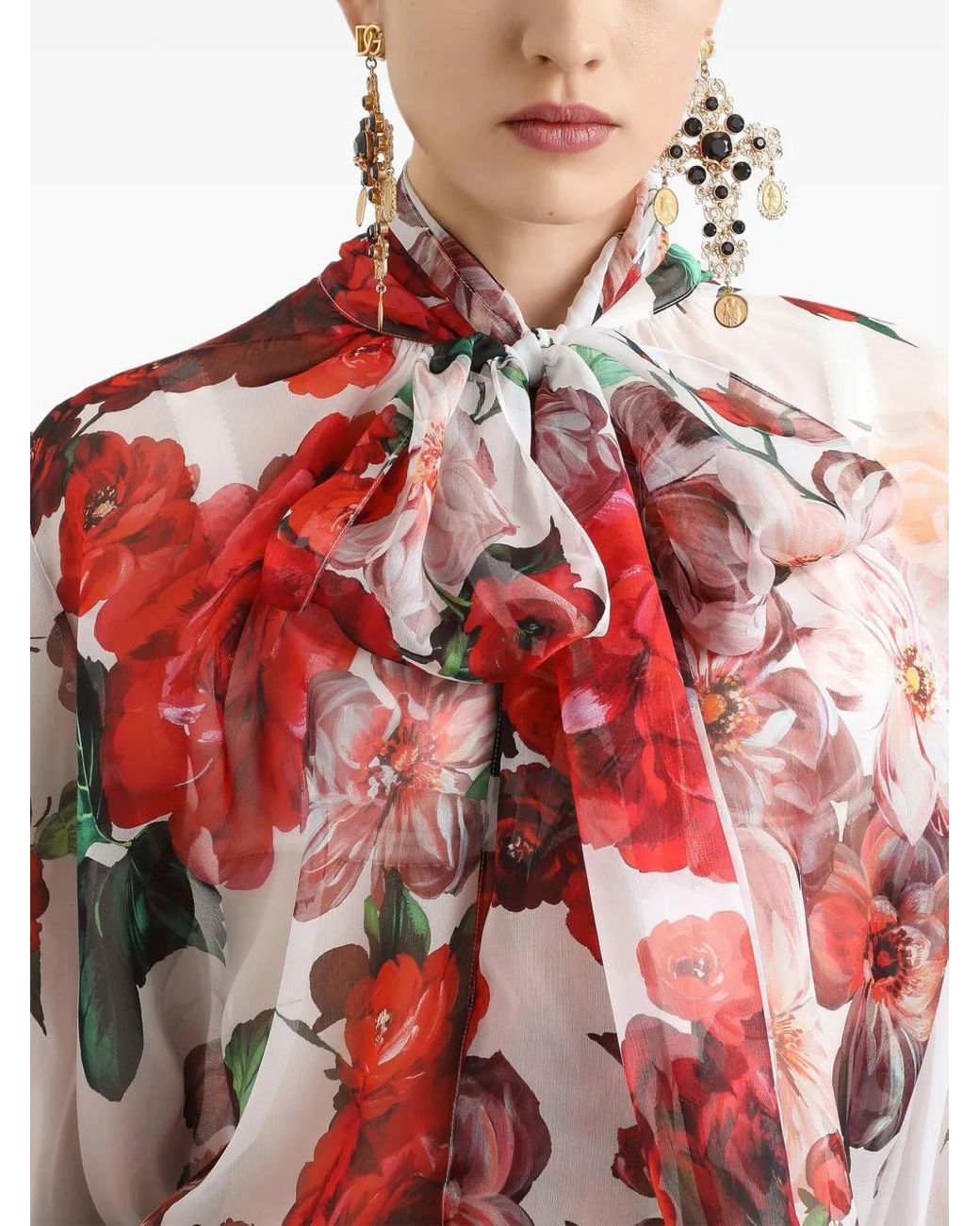 Dolce & Gabbana Red Chiffon Pussy-Bow Blouse With Rose Print