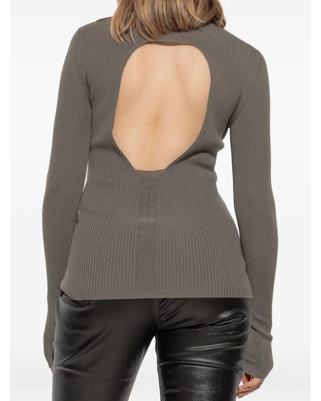 Rick Owens Gray Ribbed Open-Back Sweater