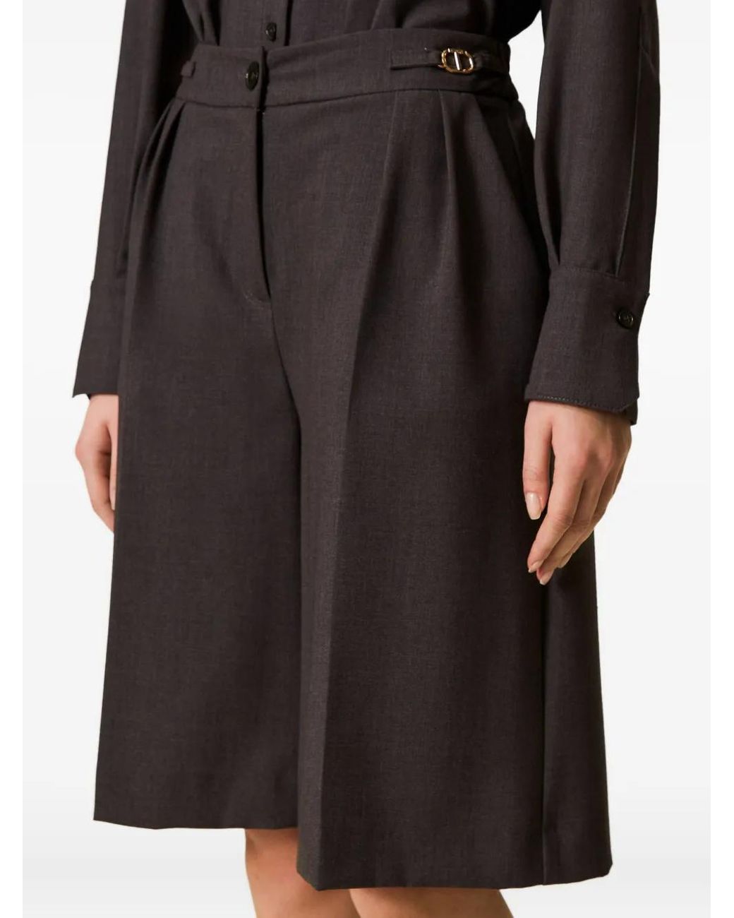 Twinset Gray Pleated-Front Logo-Detail Shorts