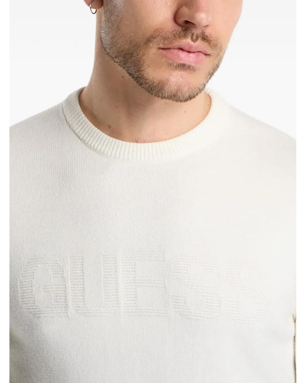 Guess White Logo-Embossed Long-Sleeve Sweater for men