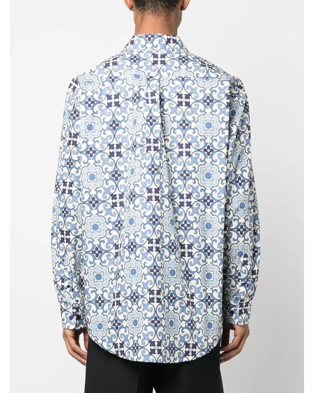 Drole de Monsieur Blue Faïence Geometric-Print Cotton Shirt for men