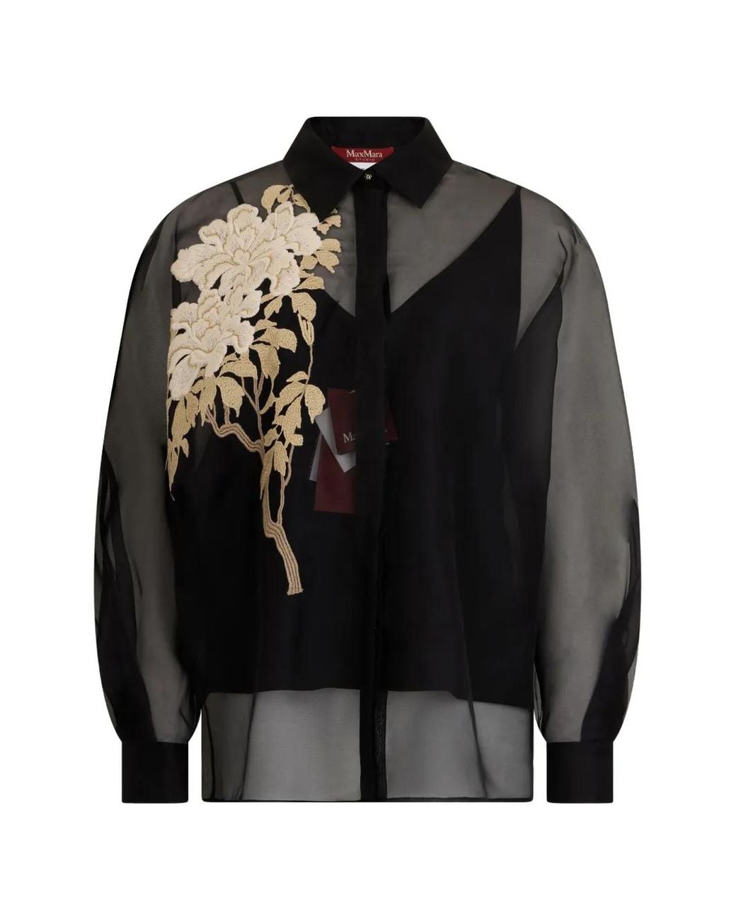 Max Mara Black Floral-Embroidered Sheer Blouse