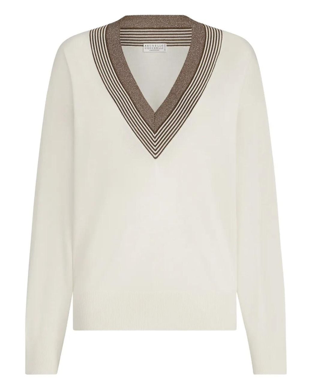 Pull Rayé À Col V Brunello Cucinelli en coloris White