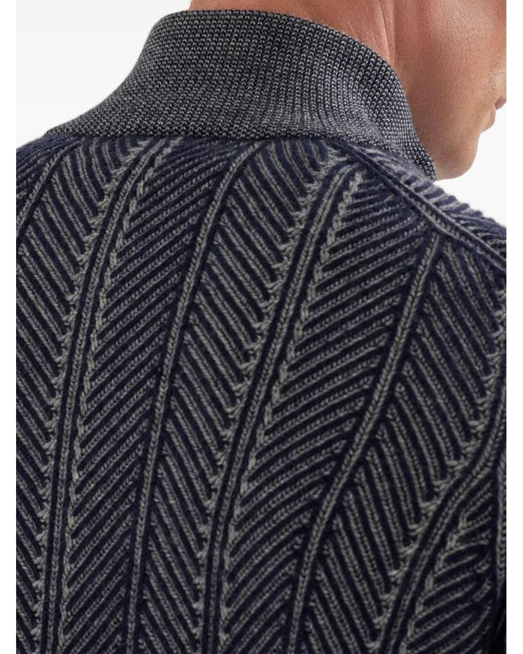 Brunello Cucinelli Blue Herringbone Cashmere Half-Zip Sweater for men