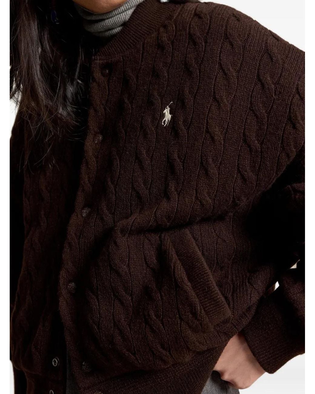 Polo Ralph Lauren Brown Chocolate- Cable-Knit Wool And Cashmere Bomber Jacket With Pony Logo Embroidery On The Chest