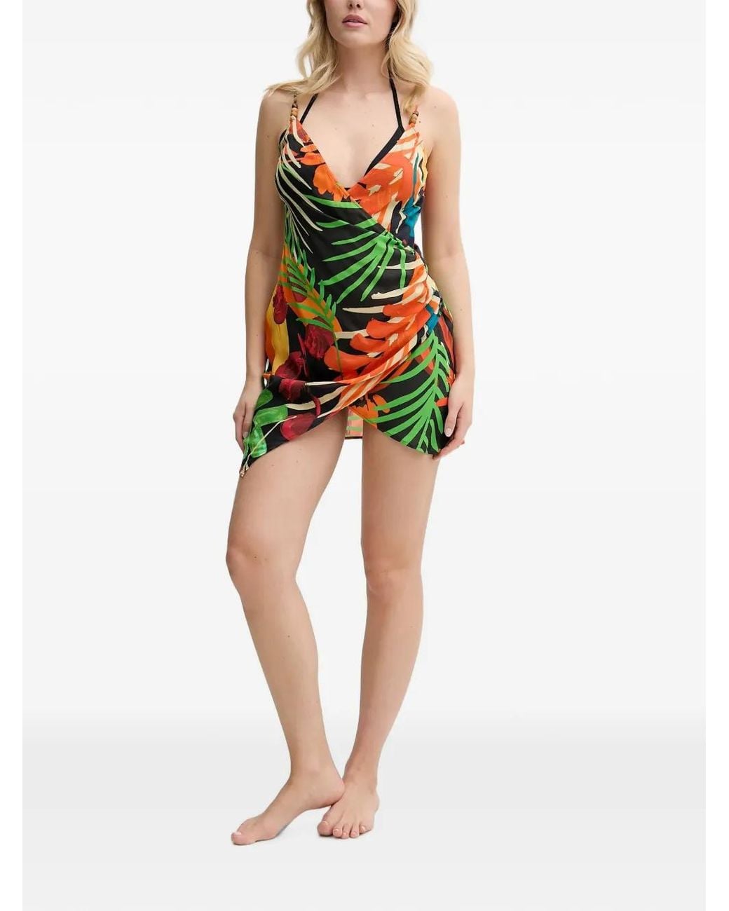 Desigual Green Tropical-Print Wrap-Style Beach Dress