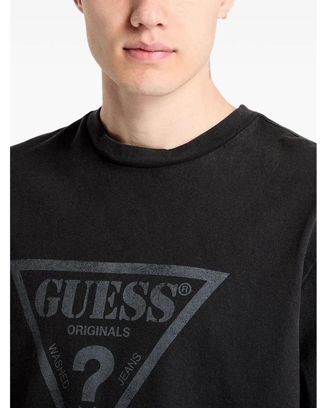 Guess Black Logo-Print Washed T-Shirt for men