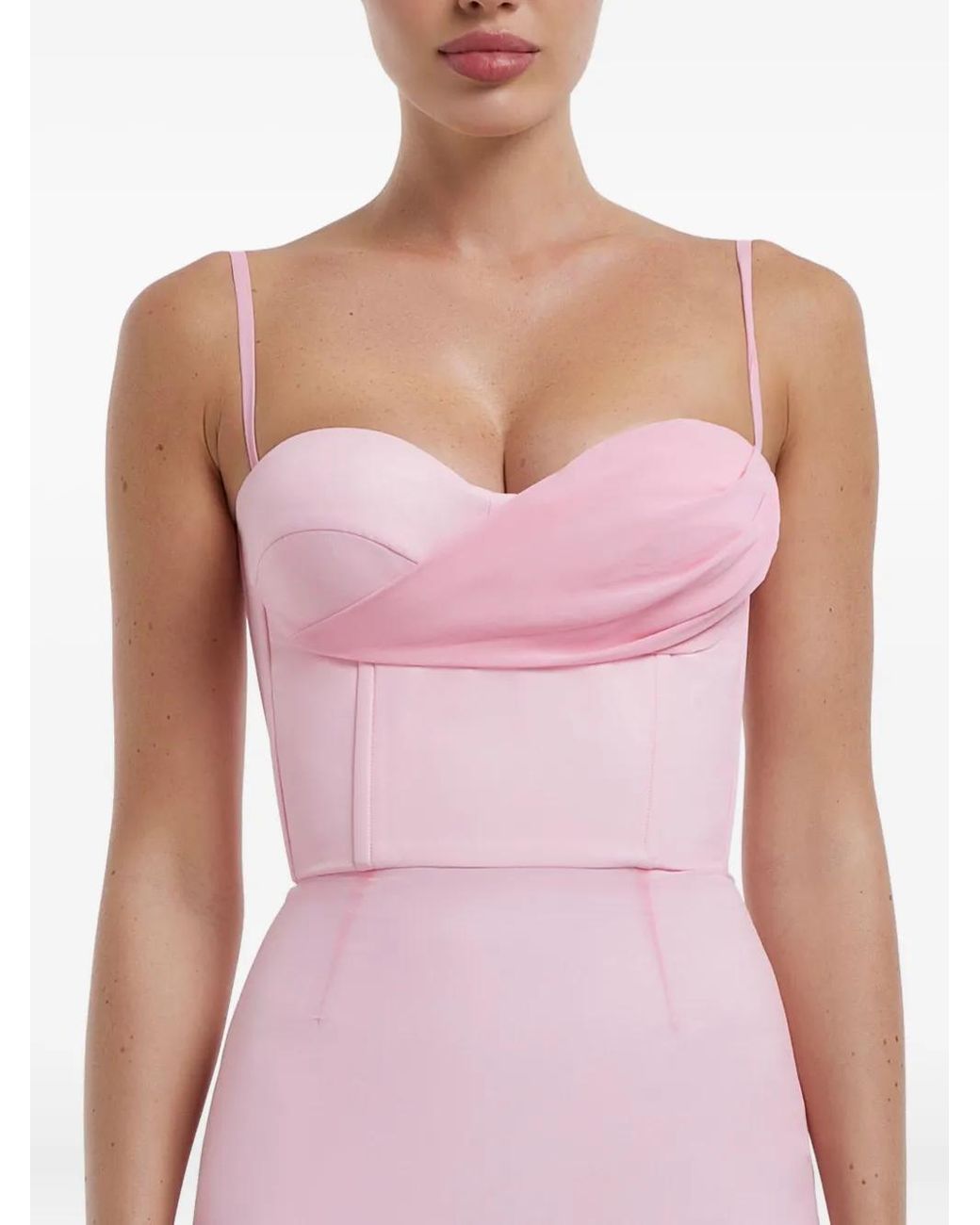 POST MERIDIEM Pink Draped-Bodice Flounced Bustier Dress