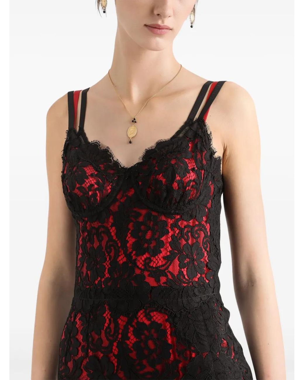Dolce & Gabbana Red Floral-Lace Midi Dress