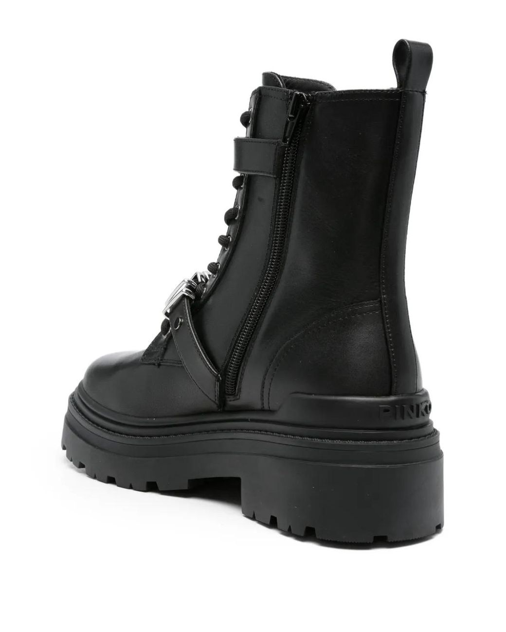 Pinko Black Lace-Up Ankle Boots With Decorative Buckles