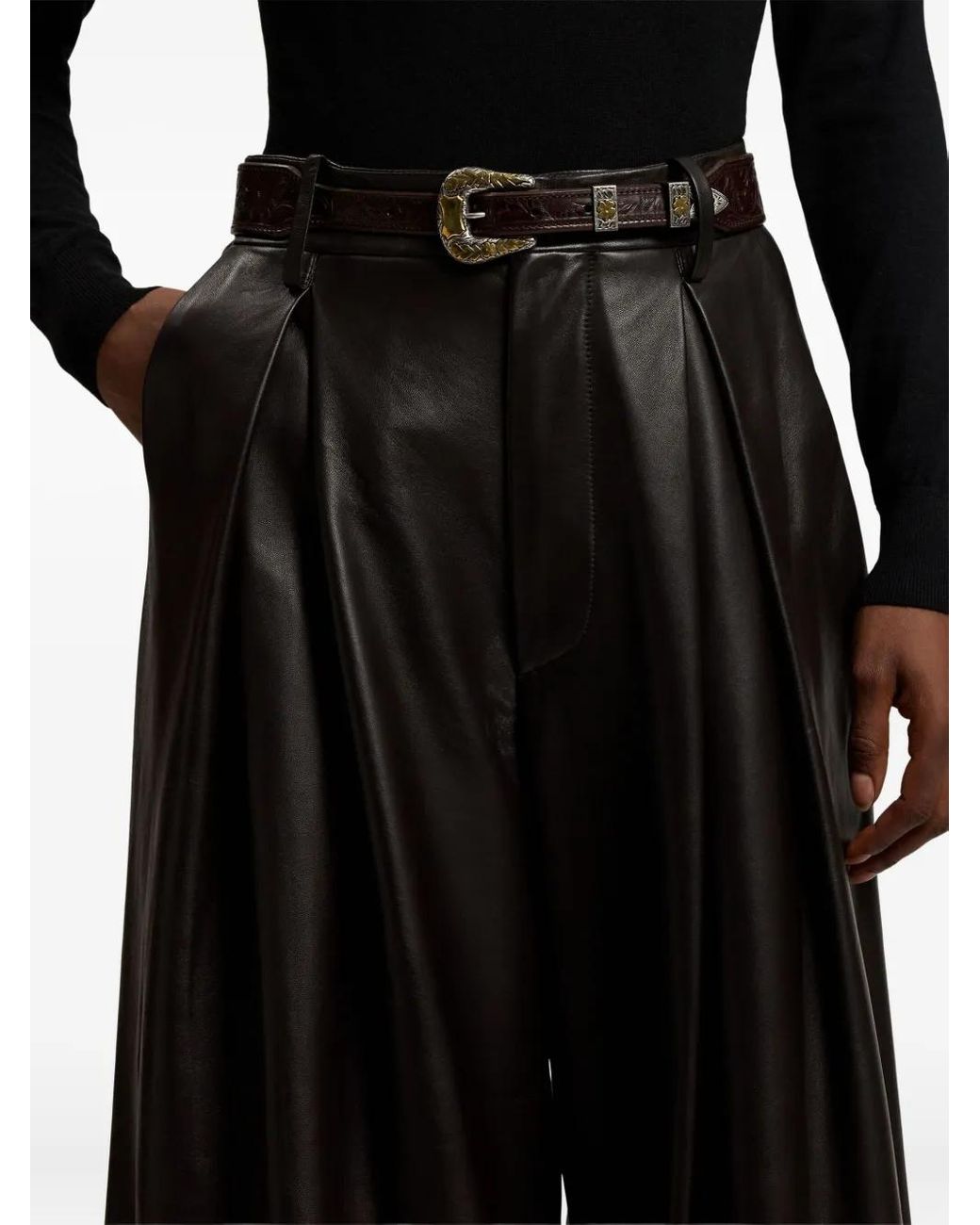 Ralph Lauren Black Pleated Leather Trousers