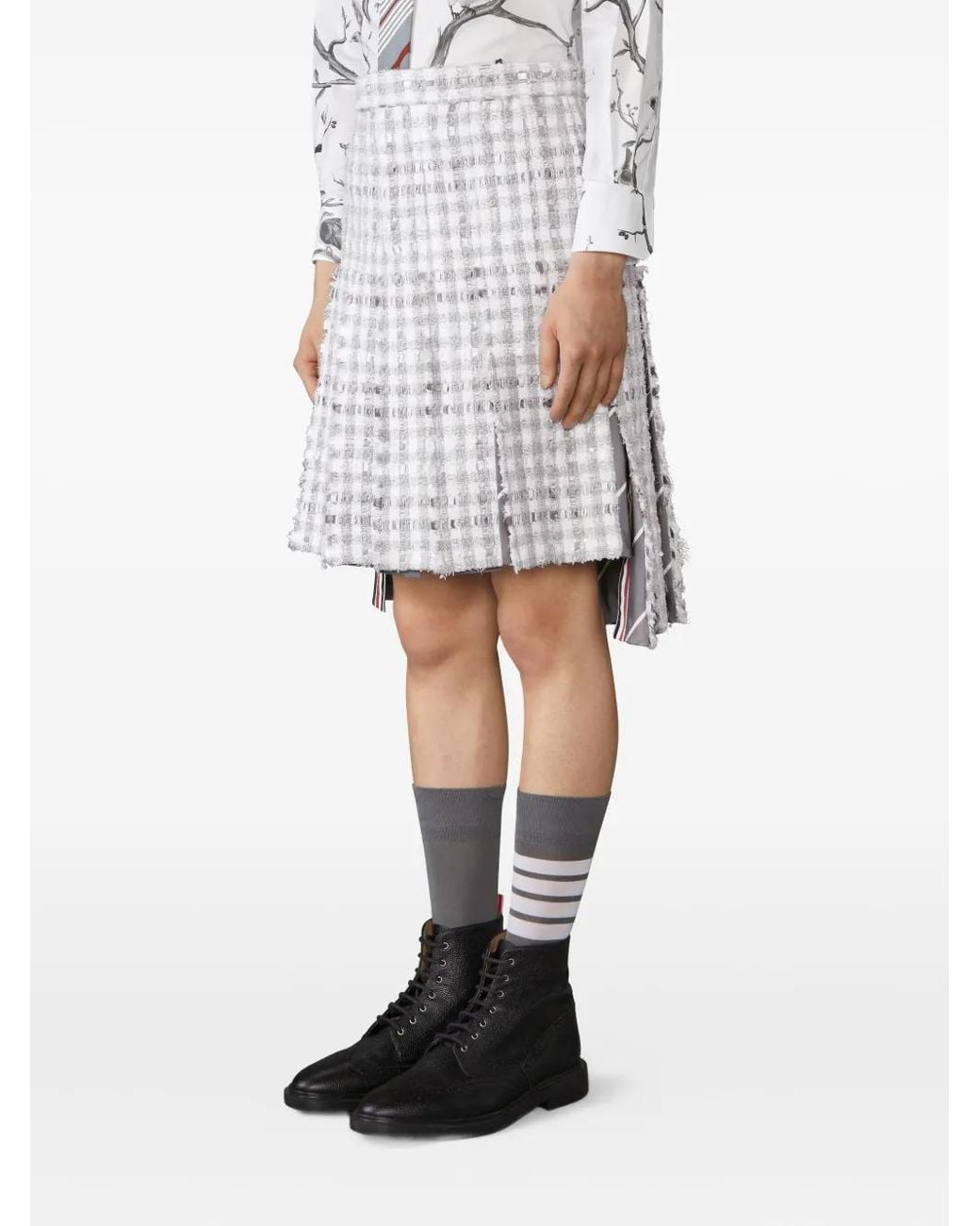 Thom Browne White Gingham-Check Pleated Tweed Skirt for men
