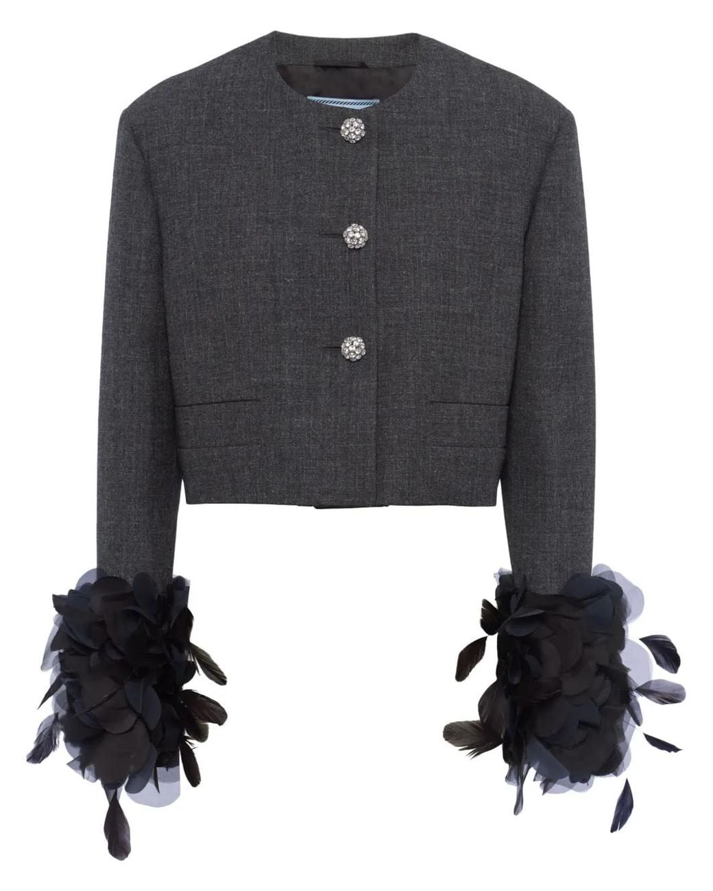 Prada Black Feather-Trimmed Wool Cropped Jacket