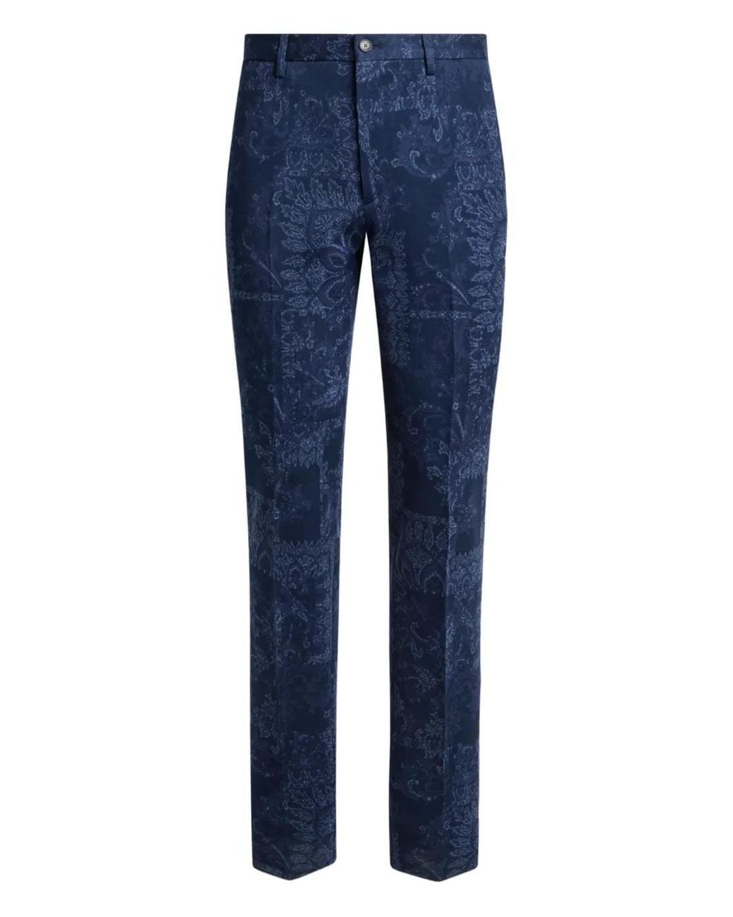 Etro Blue Cotton Jacquard Trousers With Floral Motif for men