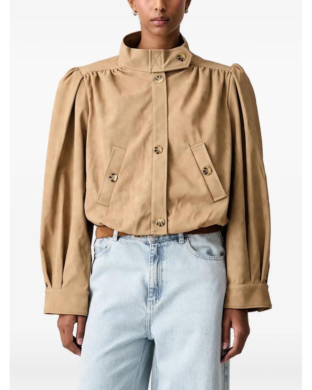 Bardot Blue Puff-Sleeve Button-Up Jacket