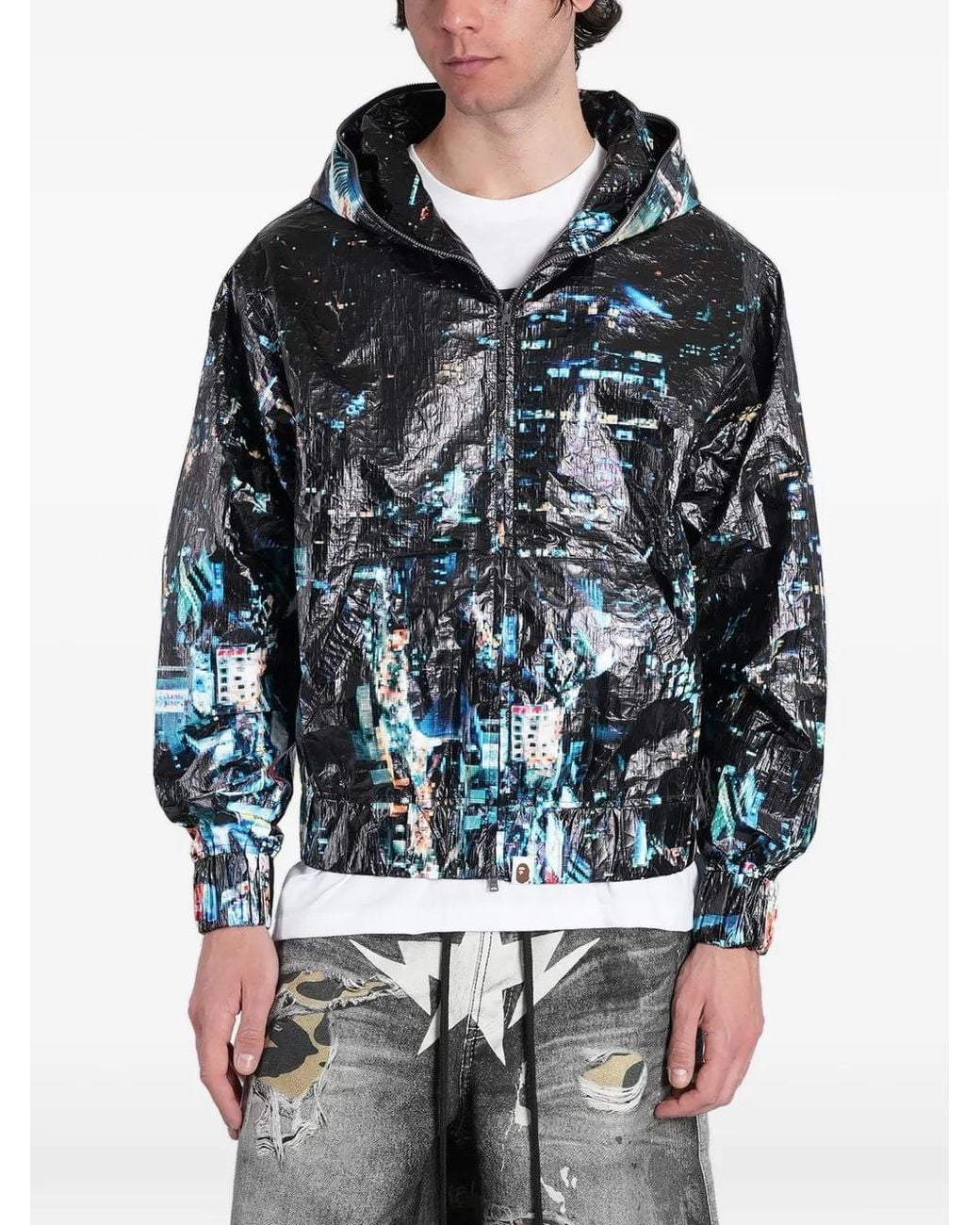 A Bathing Ape Gray Overall-Print Zip-Up Hooded Jacket for men