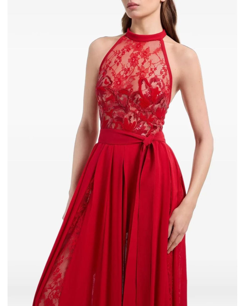 Elie Saab Red Lace-Panelled Maxi Dress
