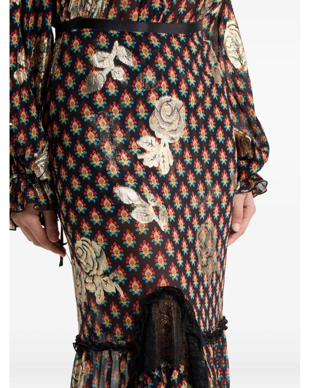 Etro Black Silk And Lace Maxi Skirt With Fil Coupé Roses And Tie-Inspired Motif