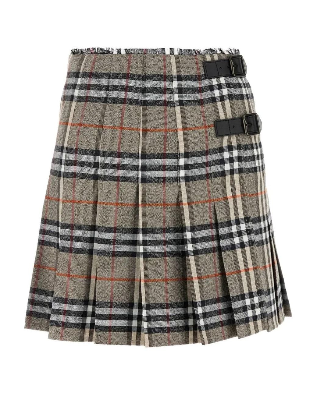Burberry Gray Check Wool Midi Kilt Skirt