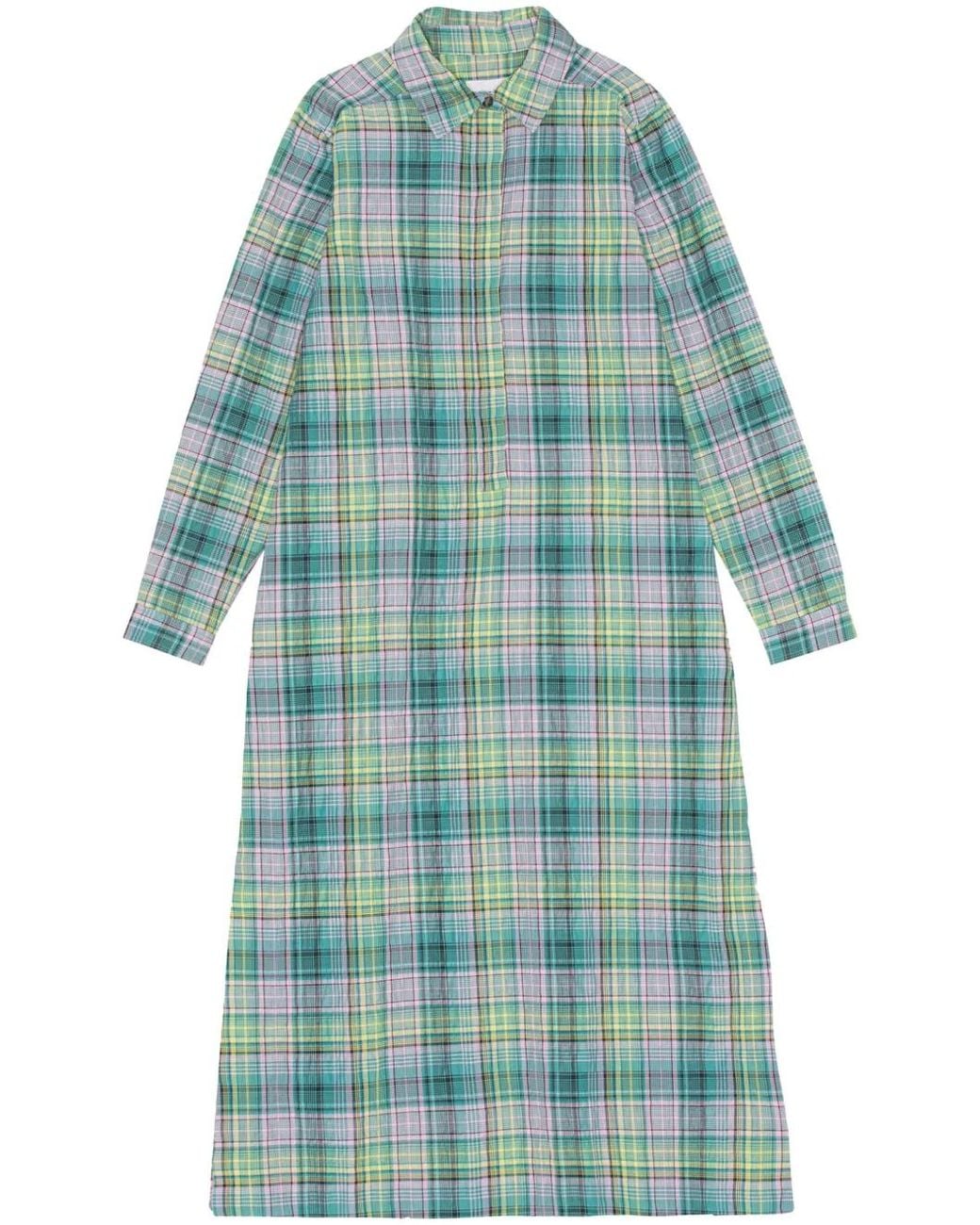 Ganni Blue Check-Pattern Seersucker Shirt Dress