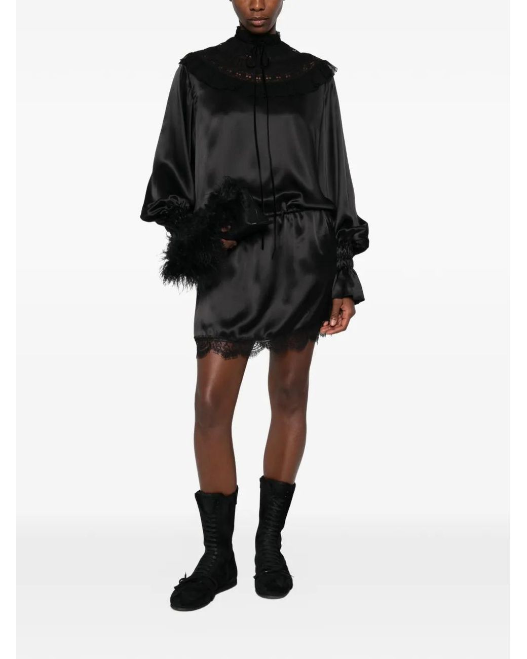 Ann Demeulemeester Black Lace-Trimmed Ruffled Mini Dress