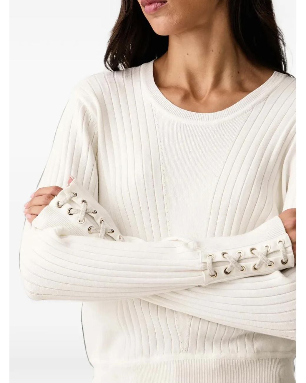 Liu Jo White Lace-Up Ribbed Sweater